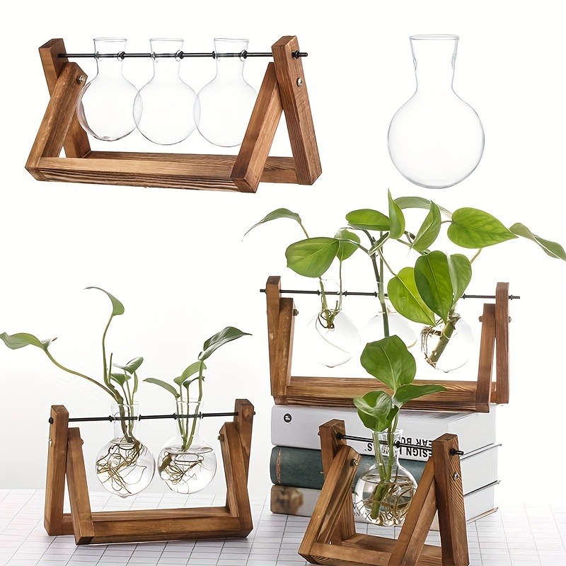 Plant Growth Regulator - 卓上ガラスプランター繁殖ステーション、植物用木製ラックテラリウムの水耕植物花瓶、家の装飾、部屋の装飾